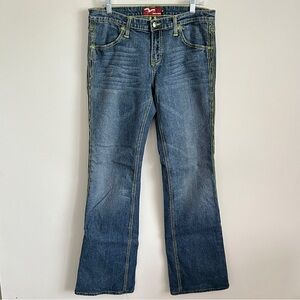 Miss Vigoss Bootcut Medium Wash Denim Lime Green Stitching Size 13/14